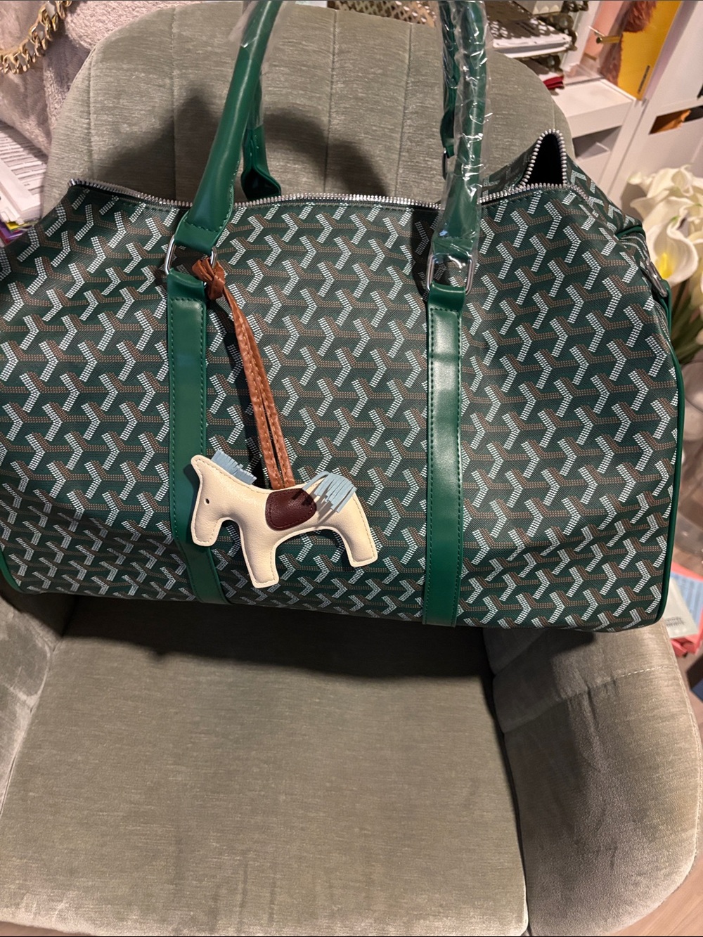 Amazon Green Geometric Weekender Tote with Horse Charm
